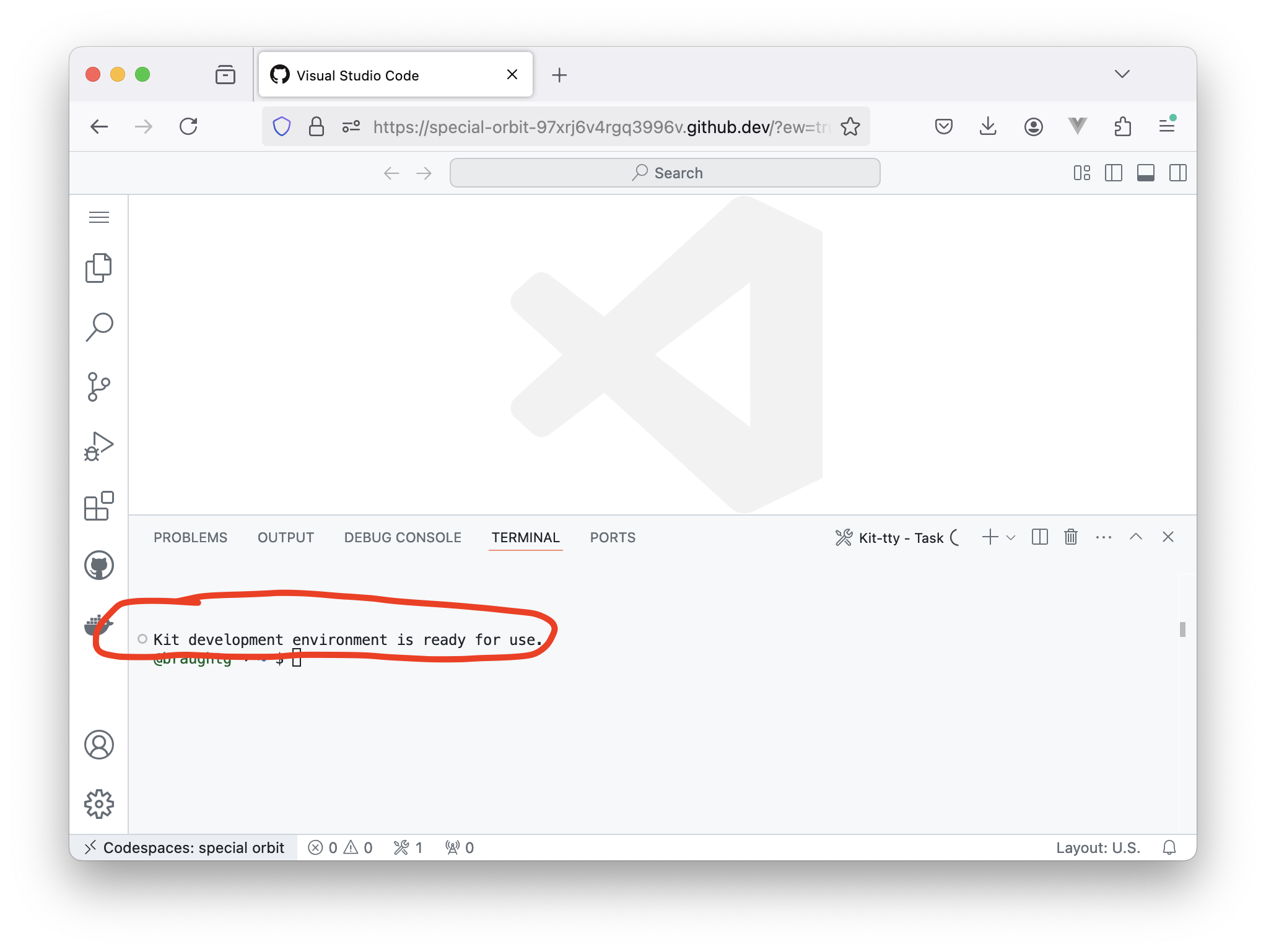 The GitKit Development Environment with the "Kit development environment is ready for use" message.