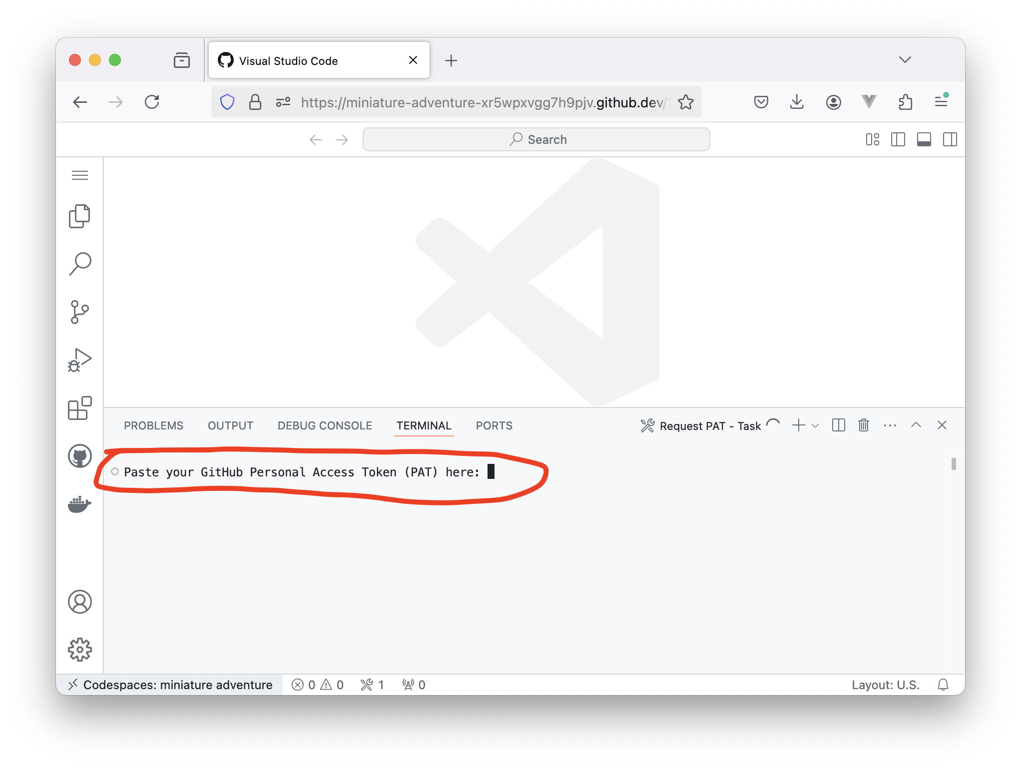 The GitKit Development Environment prompting for a GitHub PAT during creation.