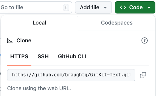 The GitHub dialog showing the clone URL.