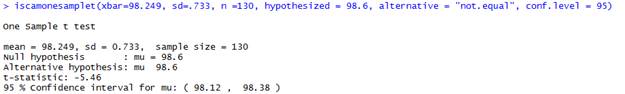 R output for one sample t-test and confidence interval