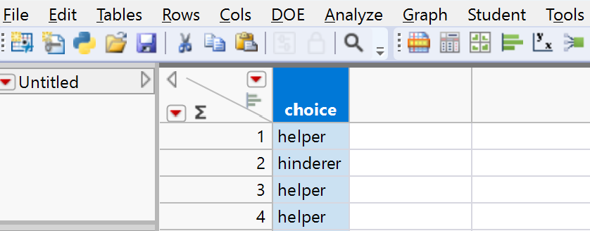 JMP data table showing the choice column with 16 rows of Helper and Hinderer values