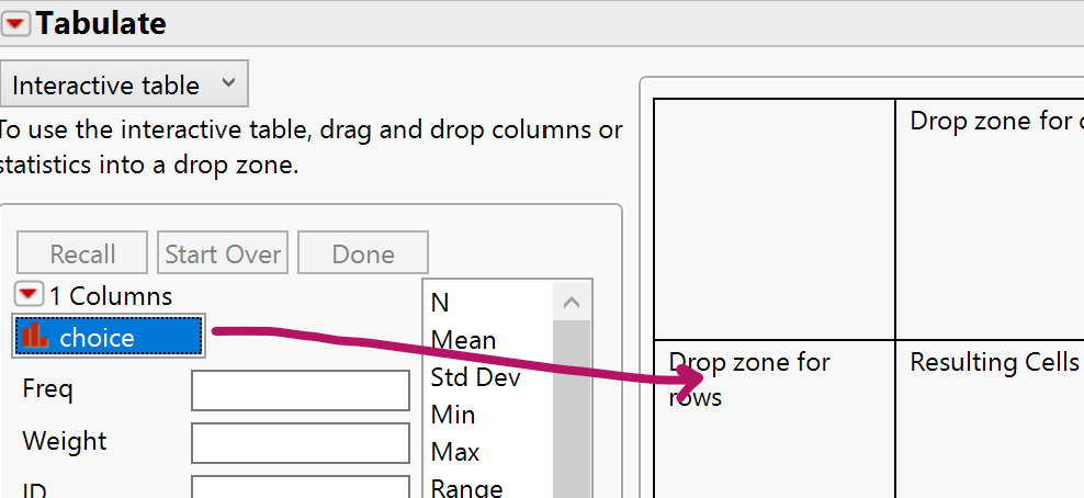 JMP Tabulate window showing counts: Helper 14, Hinderer 2
