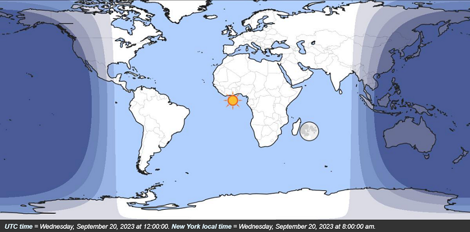 Photo of a world map with shading to represent day and night across the globe at 8:00 am Eastern Standard Time.