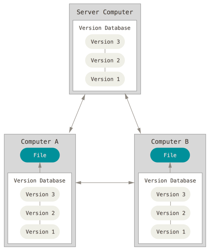 Describe the distributed version database that communicates through the server computer with several remote repositories.