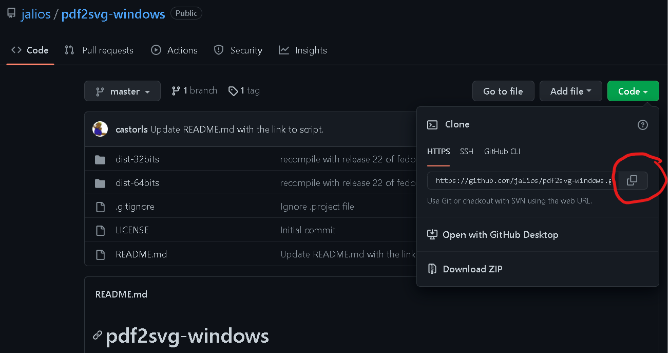Screenshot of the GitHub page for the pdf2svg project, showing where to click to copy the project URL to the clipboard
