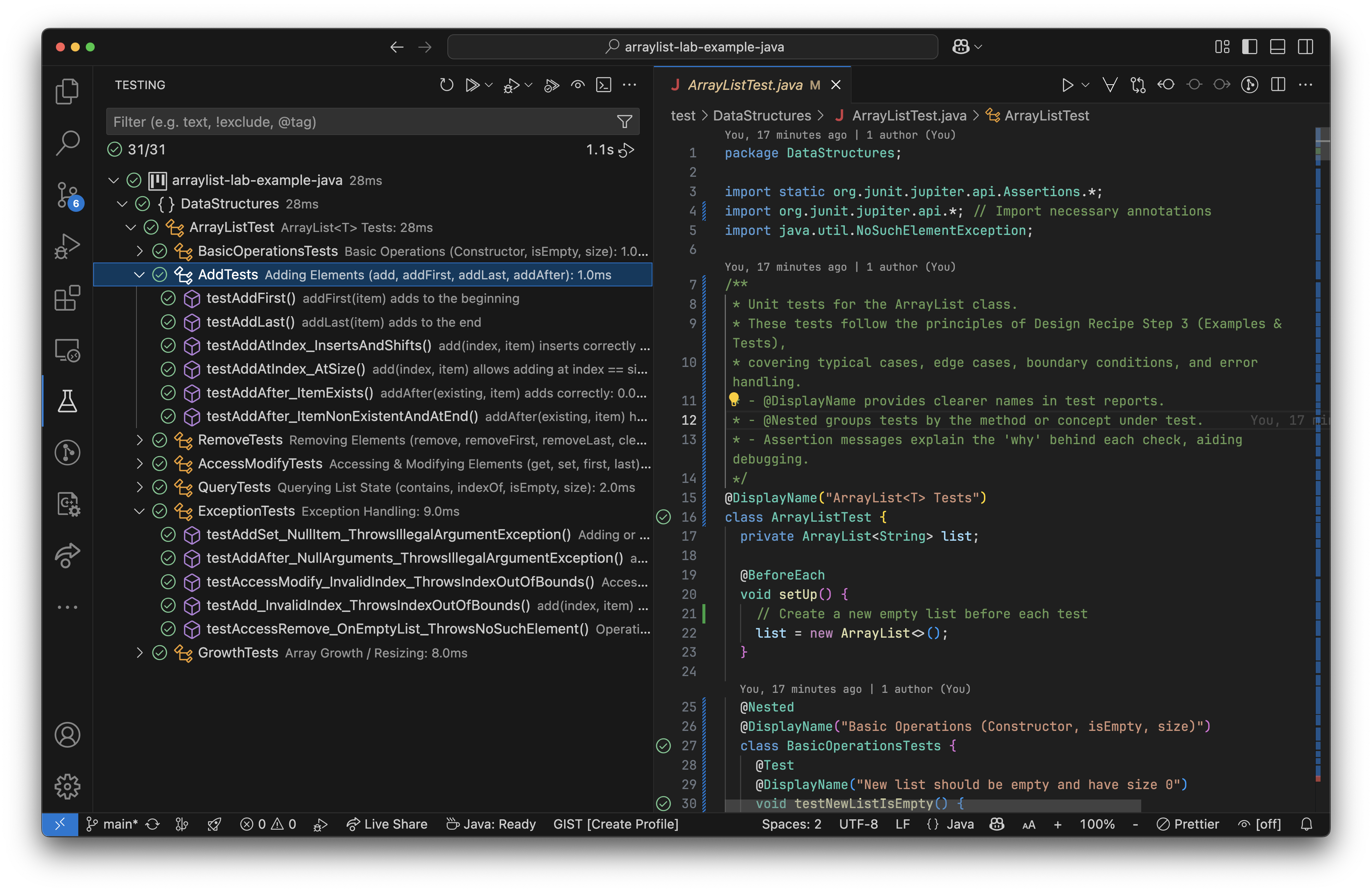 Screenshot of VS Code Testing pane. Left shows hierarchy: arraylist-lab-example-java --> DataStructures --> BasicOperationsTests --> testAddTests (selected, highlighted) --> testAddFirst, testAddLast. All have green checkmarks. Right pane shows ArrayListTest.java code with JUnit annotations. Bottom status bar shows Git branch, errors/warnings, etc.