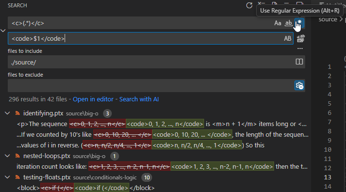 Screenshot of Visual Studio Codeβs search dialog with regex mode enabled.